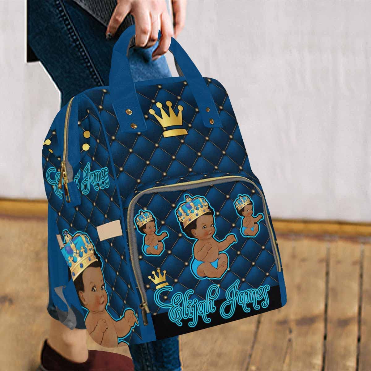 Artsadd Custom Name Diaper Bag Mommy Nappy Bags, Personalized Dark Blue Crown Handbags Large Capacity Multi-Function Nursing Bag