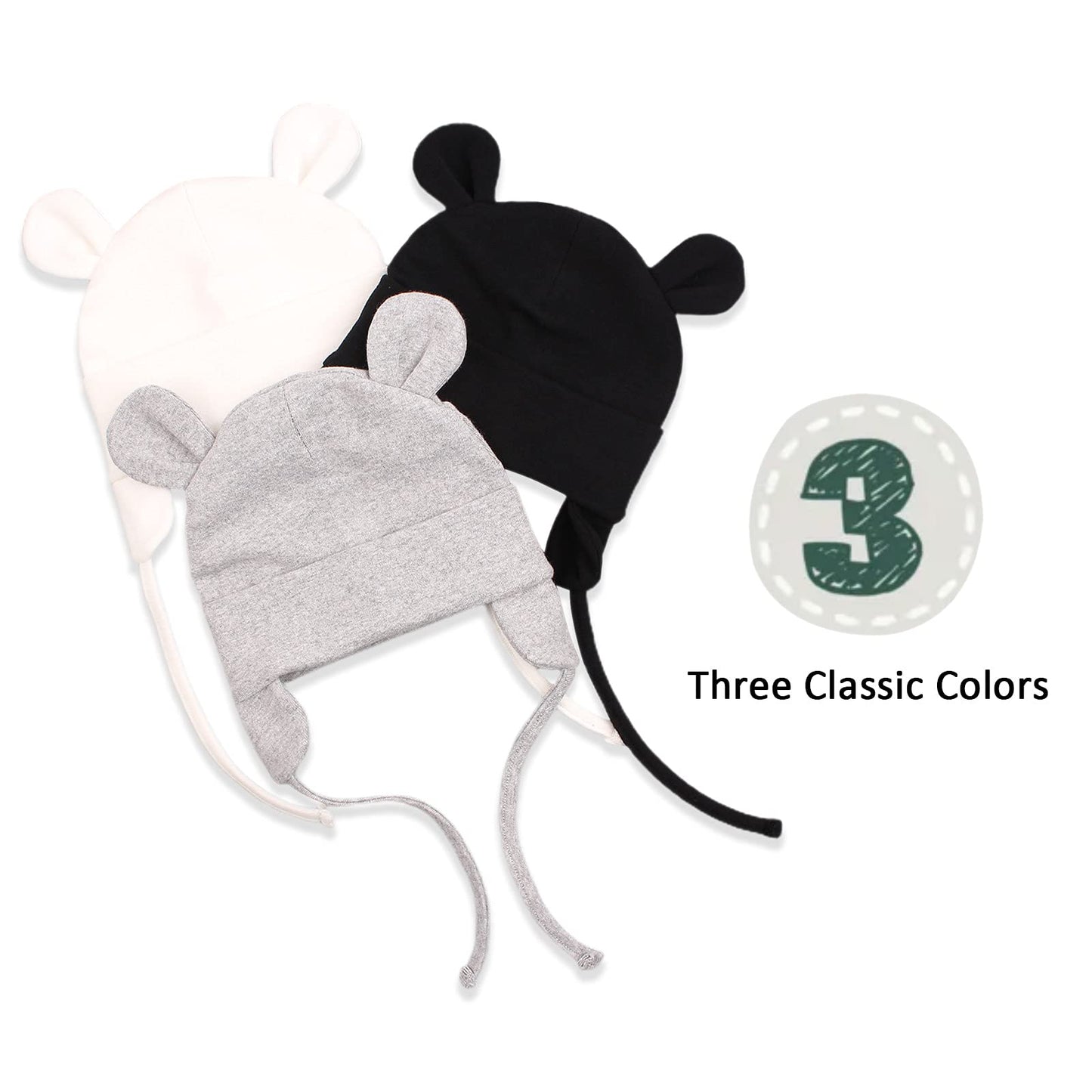 Jangannsa Bear Cotton Newborn Hat Ear Flap Baby Hospital Cap New Born Warm Beanie For Boys Girls Autumn Winter(White+Gray+Black,
