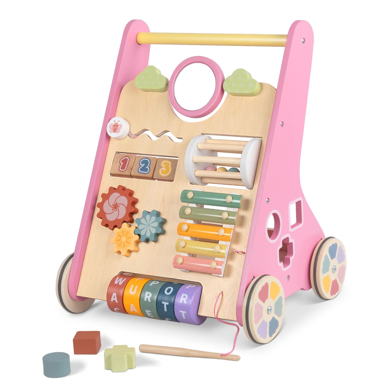 Baby Walker with Wheels, Wooden Push Walker Toys for Babies 6-12 Months, Baby Girl Walking Activity Toys for 1 Year Old