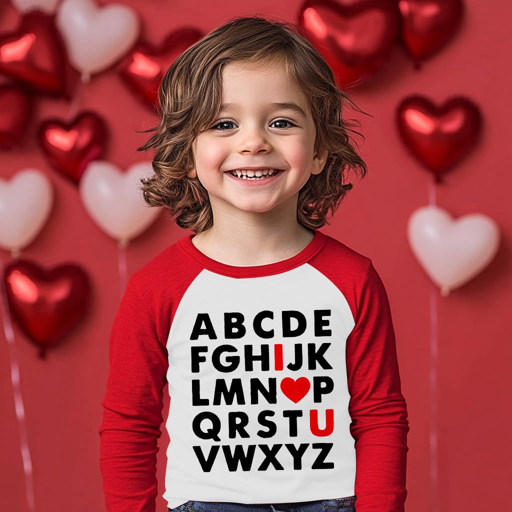 Boys T-Shirt Valentines Vday Heart Shirt Long Sleeve Raglan Toddler Cotton Tees Abc I Love U Tops 4 5 Years