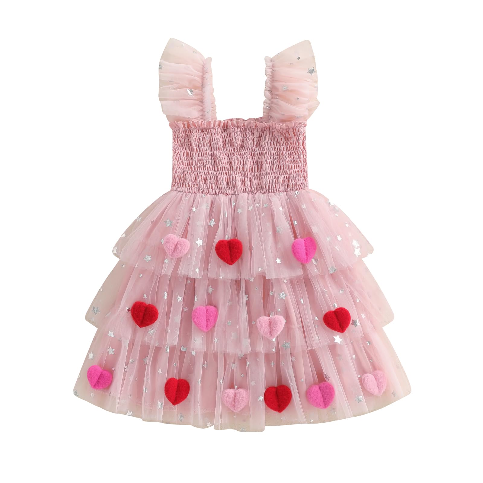Toddler Valentines Outfit Girl Baby Heart Fly Sleeve Mesh Layered Princess Dress Little Girls Summer Tulle Dresses (Pink, 2-3 Ye