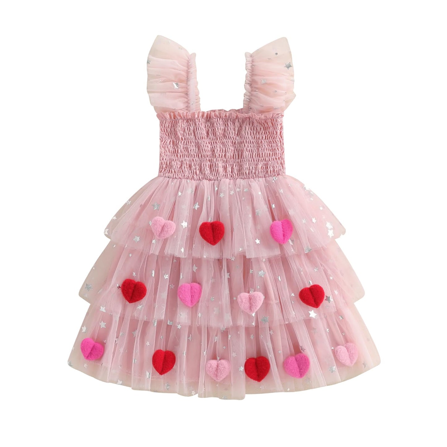 Toddler Valentines Outfit Girl Baby Heart Fly Sleeve Mesh Layered Princess Dress Little Girls Summer Tulle Dresses (Pink, 4-5 Ye