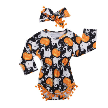 Bulingna Cute Infant Newborn Baby Girl Long Sleeve Pumpkin Bodysuit Pompom Romper Halloween Outfit With Headband (Black, 12-24 M