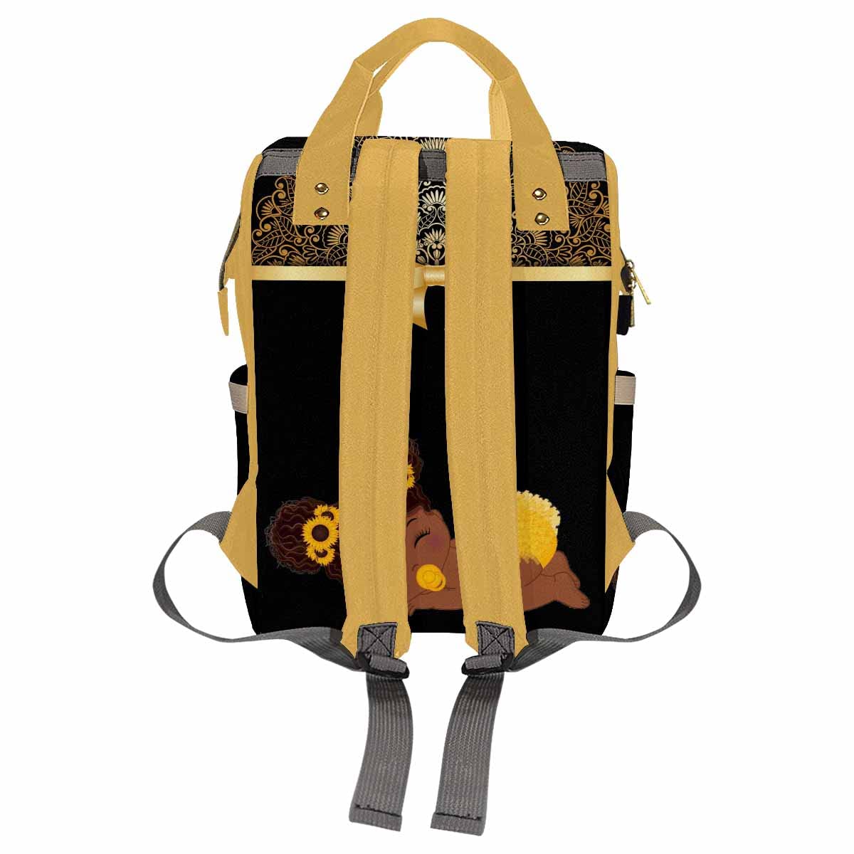 Artsadd Personalized Diaper Bag Backpack With Name, Customized Sunflower Black Nappy Backpack With Thermal Pockets Multifunction