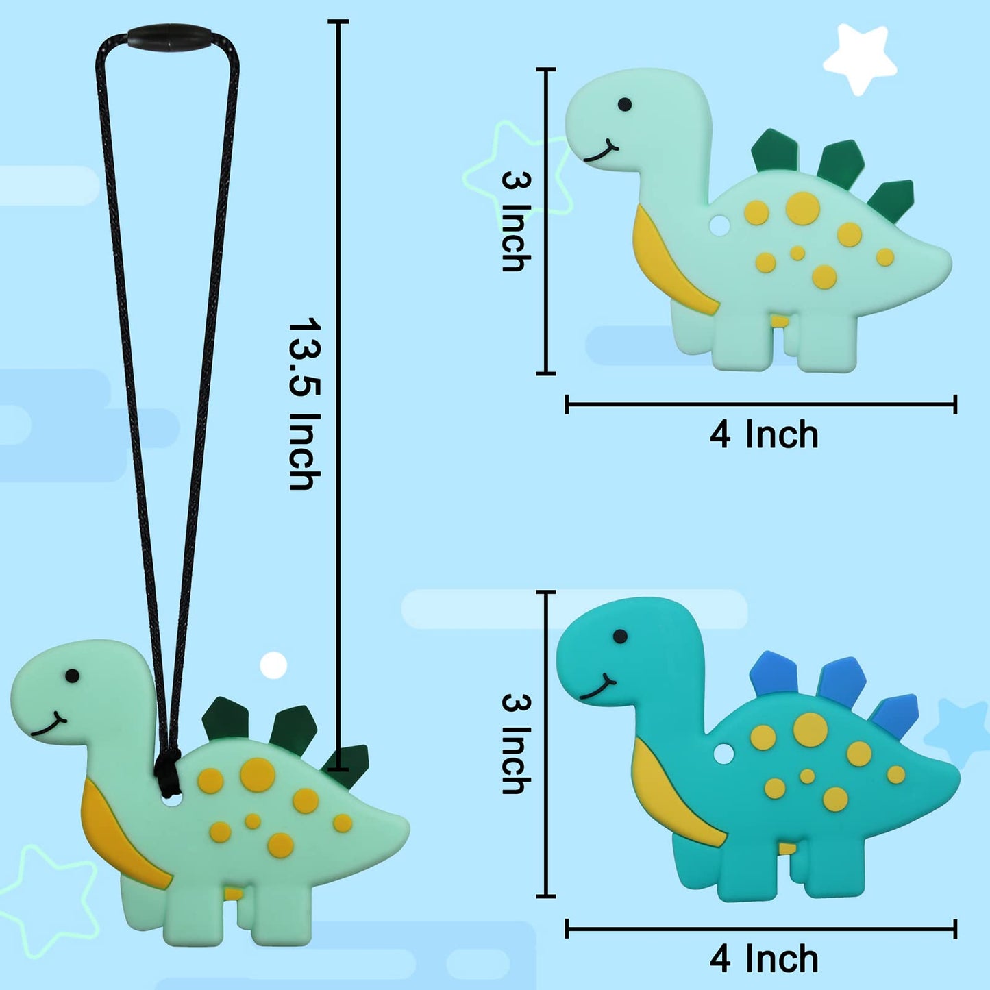 Chew Necklaces for Sensory Kids and Adults, 2 Pack Dinosaur Silicone Chewy Toys for Boys with Autism, ADHD, SPD, Reduce Chewing