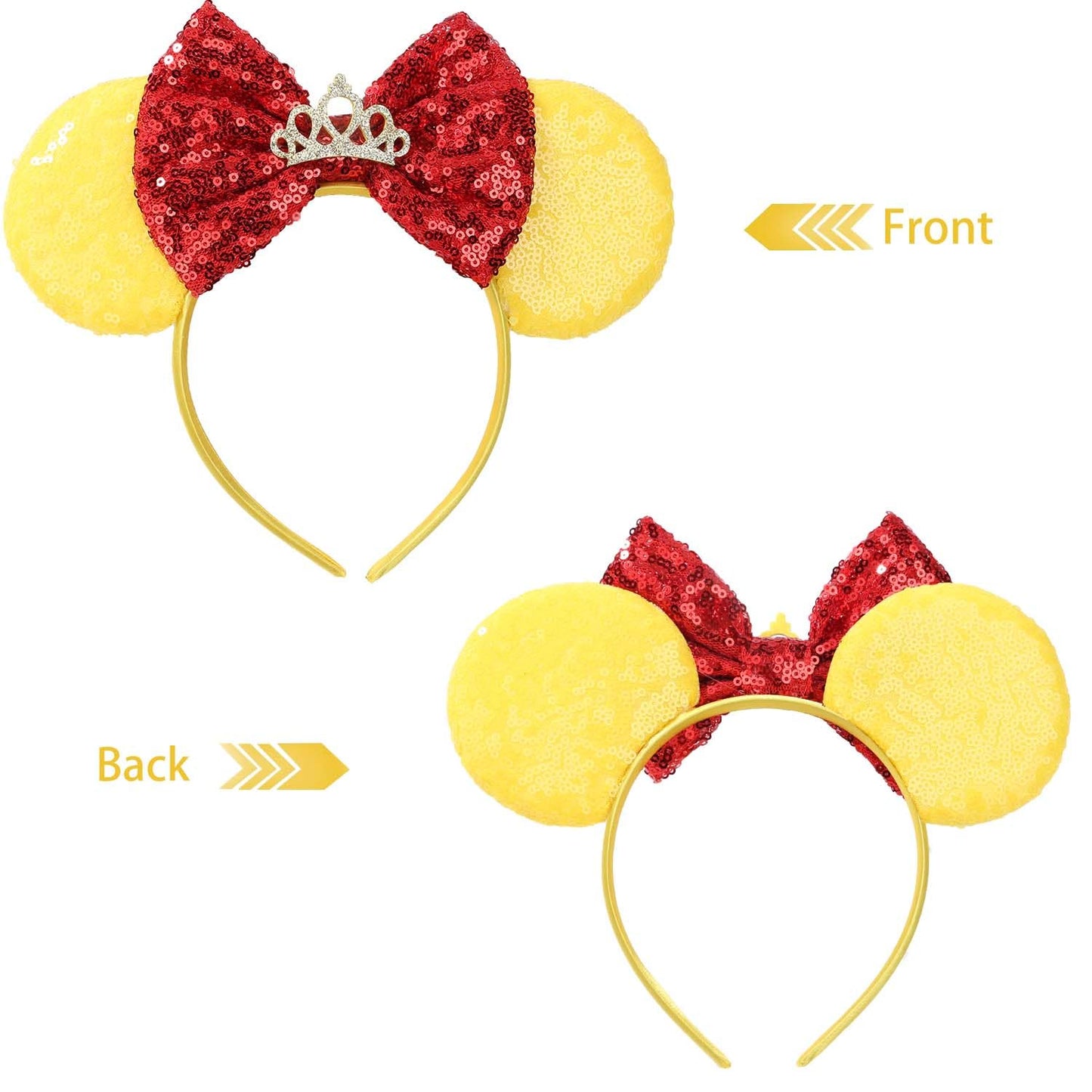 Razko Sparkle Minnie Ears Headband - Yellow-Red Bow - One Size Fits All - Hairband Or Minnie Ears Headband For Party, Disney Tri