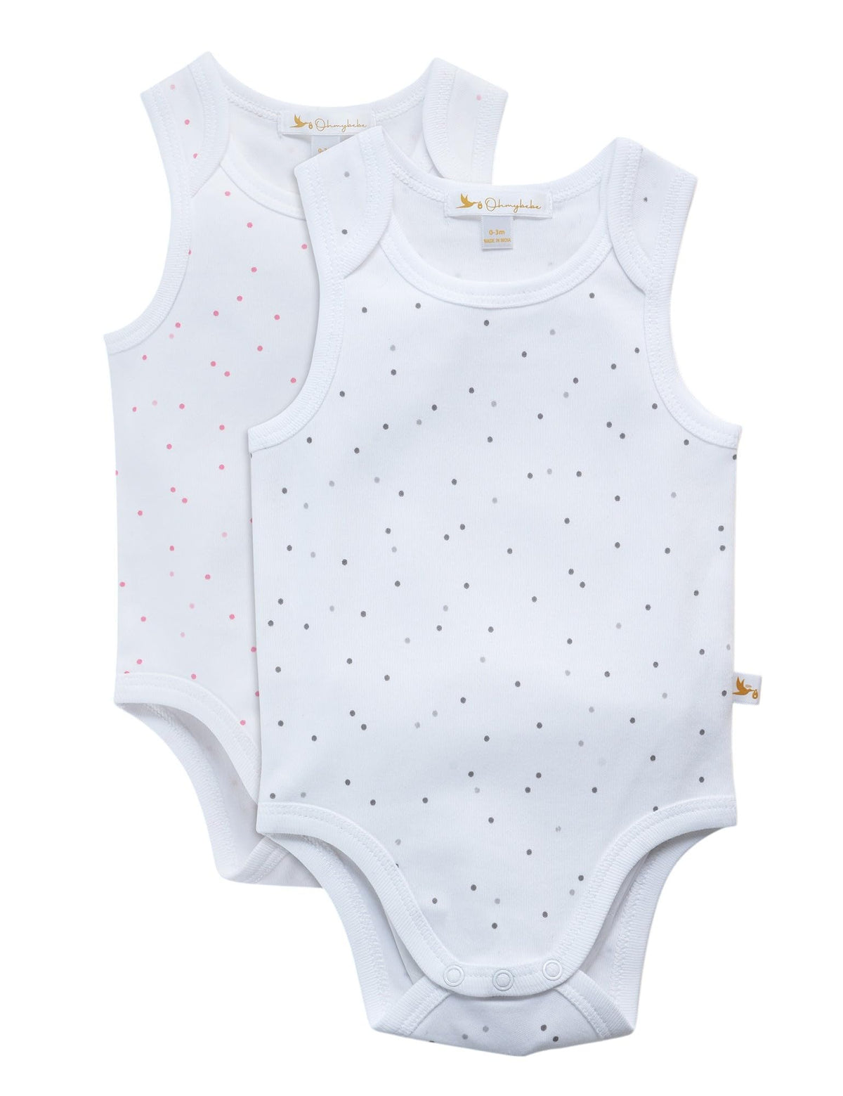 Ohmybebe Baby Singlet Bodysuit 2Pack, Spot Pink & Blue, New Born, Soft Organic Cotton, Envelope Neckline, Snap Closure for Easy