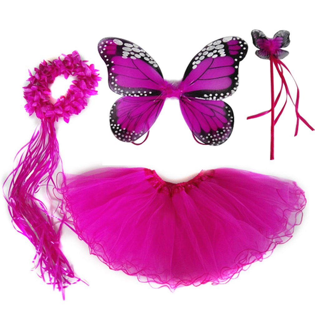 4 Pc Butterfly Costume For Girls Kids Halloween Party Favor Set With Butterfly Wings Tutu Wand Halo