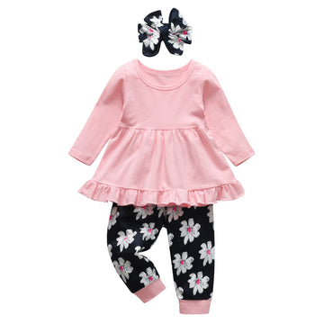 Kulcerry Toddler Baby Girl Clothes Solid Color Long Sleeve Ruffle Tops Floral Pants Headband Outfits Set (18-24 Months, Pink