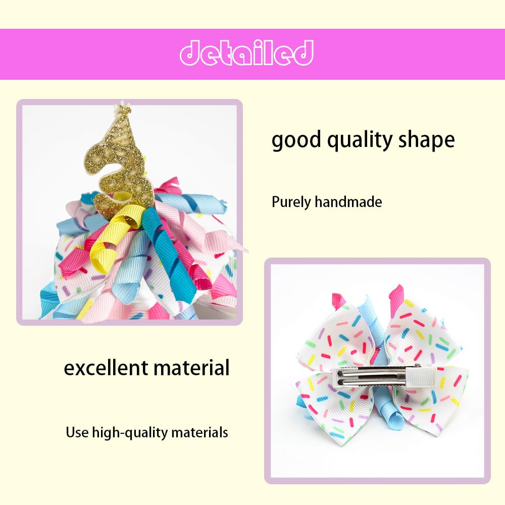 Birthday Hair Clips For Baby Girls - 2Pc Curly Ribbon With Gold Number Bow Hair Clips For 3Rd Birthday Baby Bow Party Decoration