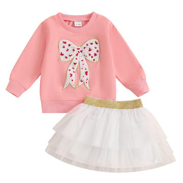 Toddler Baby Girl Valentine'S Day Outfit Love Heart Bow Sweatshirt And Tulle Tutu Skirts Little Girls Spring Clothes (Pink, 12-1