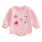 Kayotuas Baby Girl Valentines Outfit Pink Heart Embroidered Sweatshirt Romper Long Sleeve Bodysuit Jumpsuit Cute Fall Clothes (P