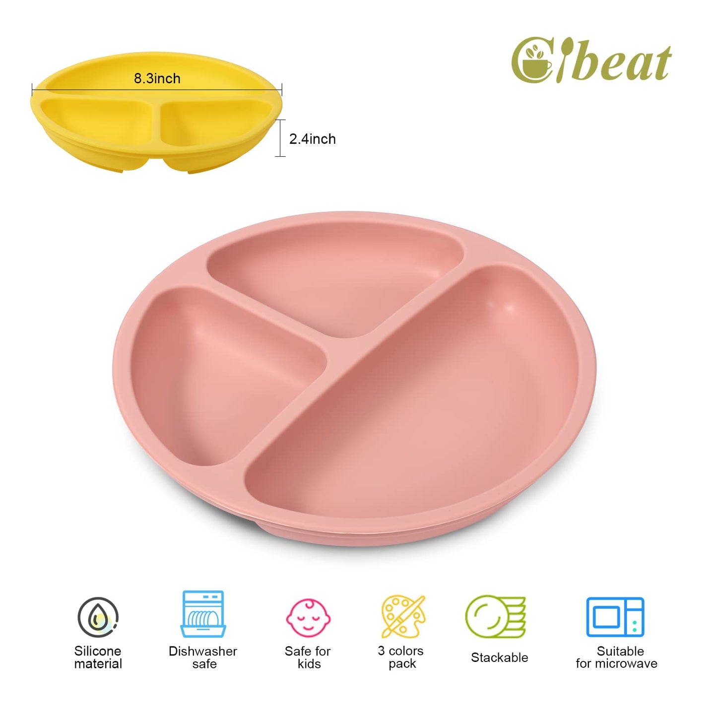 Cibeat Toddler Plates 3 Pack, 100% Silicone Suction Plates For Babies And Toddlers, Microwave And Dishwasher Safe, Bpa Free, Div