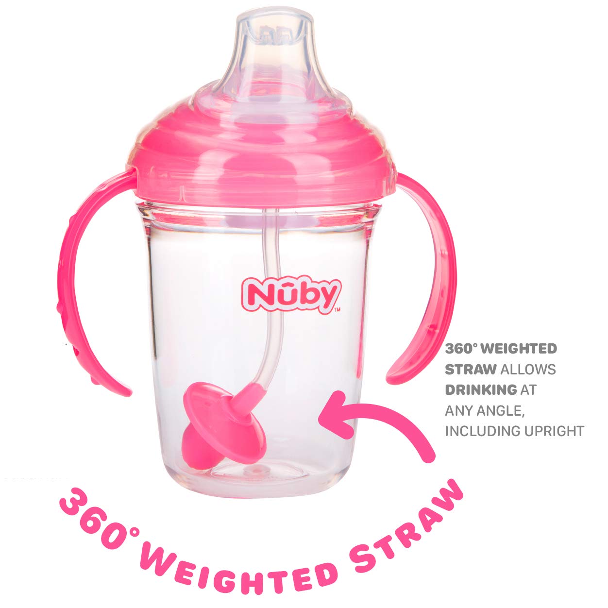 Nuby 360 Grip N' Sip 8Oz Tritan Cup, Weighted Straw With Hygienic Cover, Pink