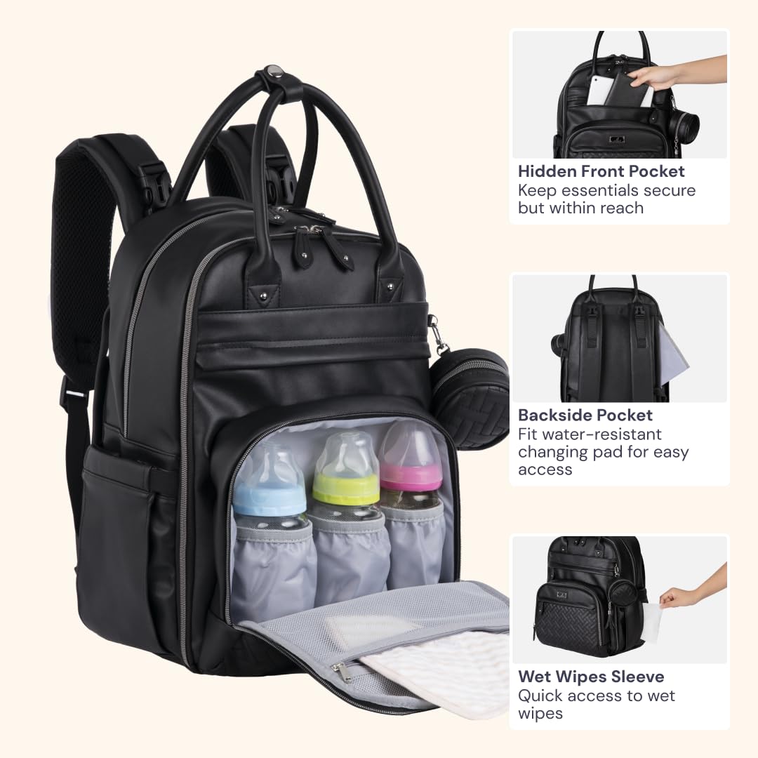 Babbleroo Leather Diaper Bag Backpack - Baby Essentials Travel Baby Bag, Multi Function, With Changing Pad, Stroller Straps & Pa