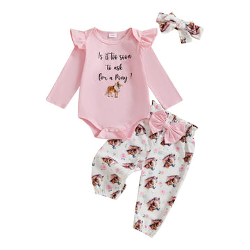 Fufuriprefer Western Baby Girl Clothes Horse/Boots Print Long Sleeve Romper + Pants + Headband Newborn Infant Cute 3PCS Set (Pin