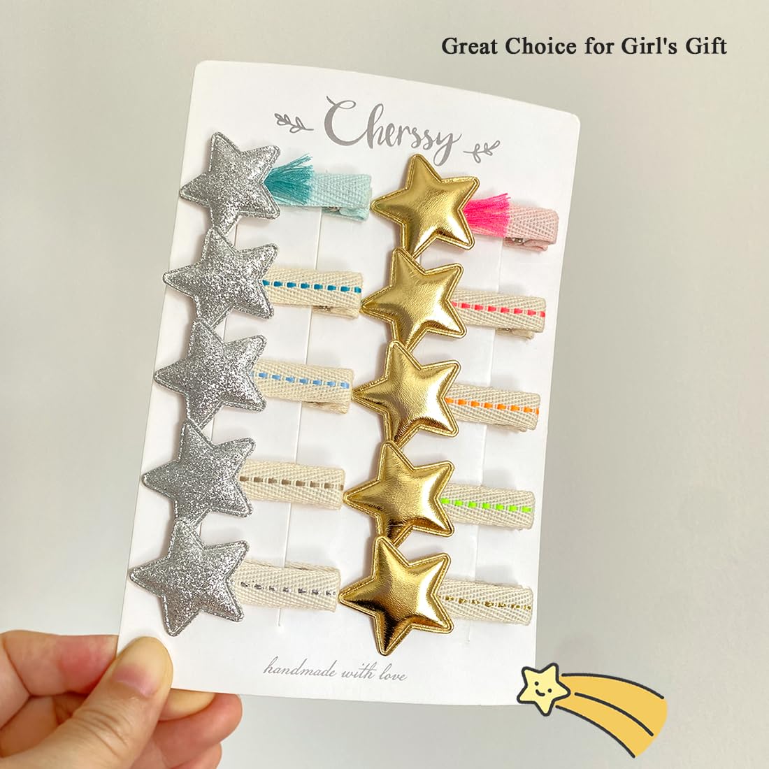 Golden And Silver Stars Hair Clips With Tassels For Girls, 10Pcs Non Slip Cotton Fully Lined Hair Pins Accessories For Babies In