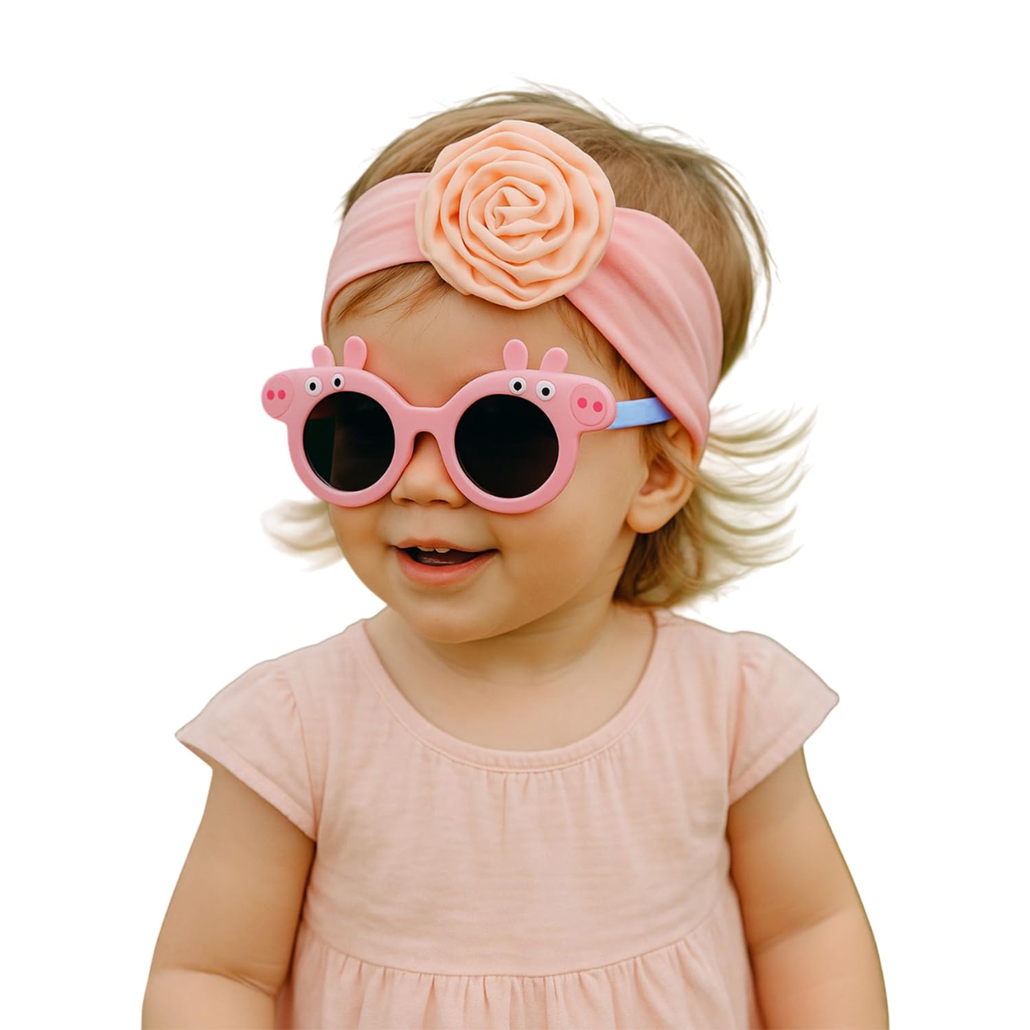 Syga Baby Fancy Flower Stretchable Headband With Uv Protection Pigstyle Sunglasses Combo For Toddlers And Kids (Pink)