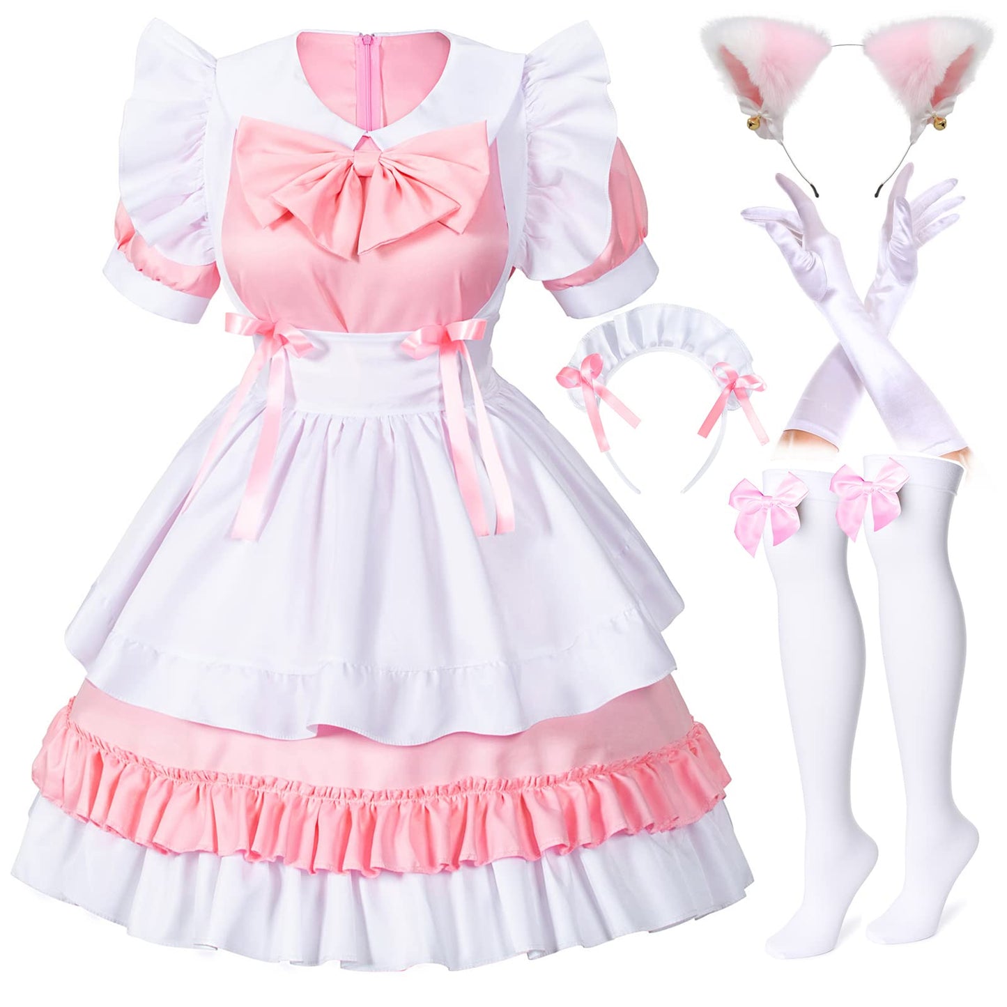 Irtysh Women Sweet Kawaii Costume Dress Anime French Maid Cosplay Furry Cat Ear Gloves Socks Set(Pink 2Xl)