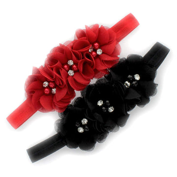 My Lello Girls Flower Headbands Toddler Fabric Beaded Trio Stretchy Elastic Pair (Red/Black)