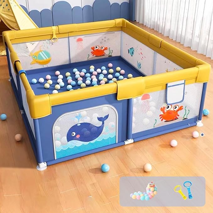 Dawnwake Playpen 150X180Cm For Baby 05 Years With Safety Lock, Playard With 510 Ocean Balls And 2 Grasp Rings (No Mat, NonFol