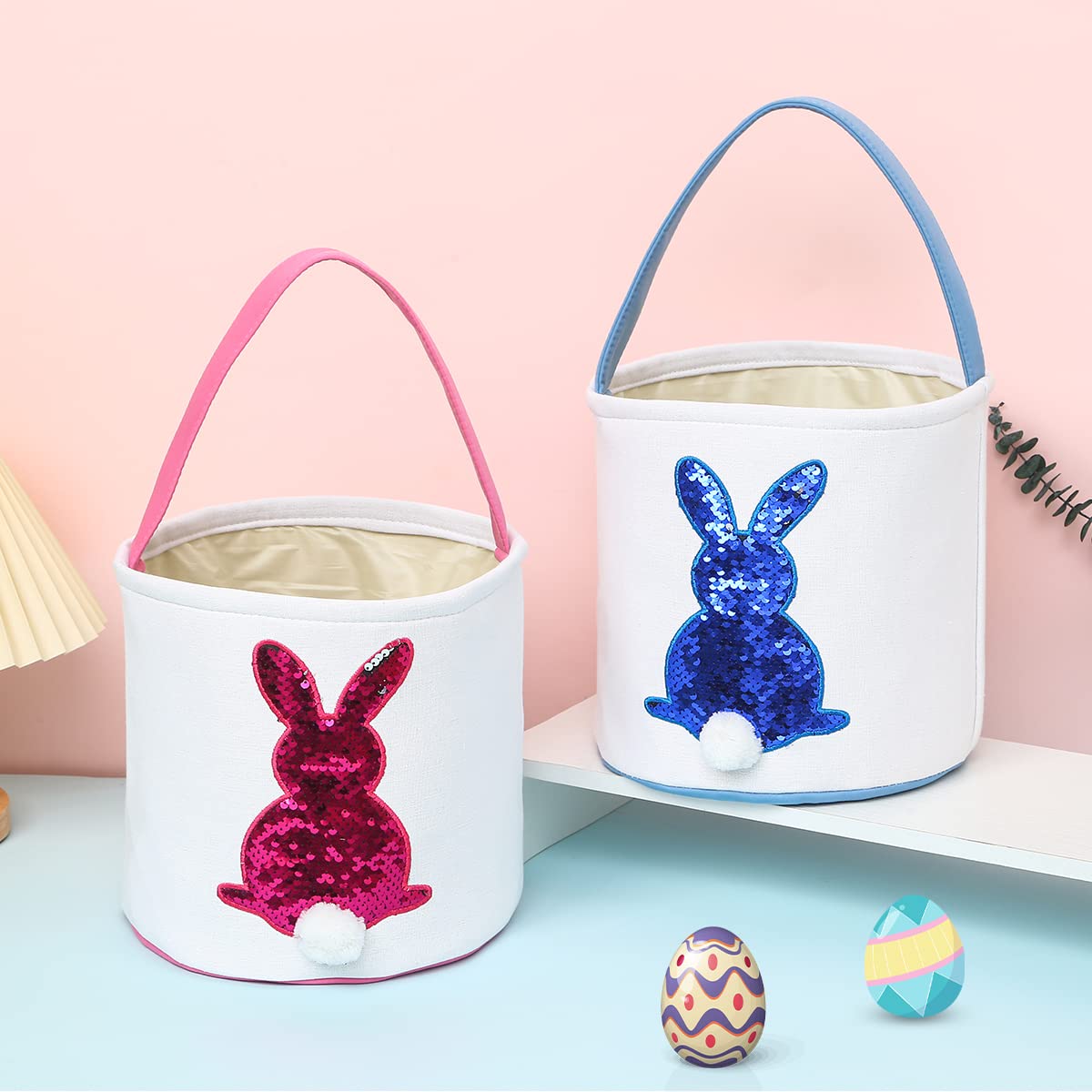 Cootato 2 Pack Easter Bunny Basket Bags For Kids, Sequin Rabbit Pattern Egg Basket Hunt Bags Personalized Canvas Cotton Bucket W