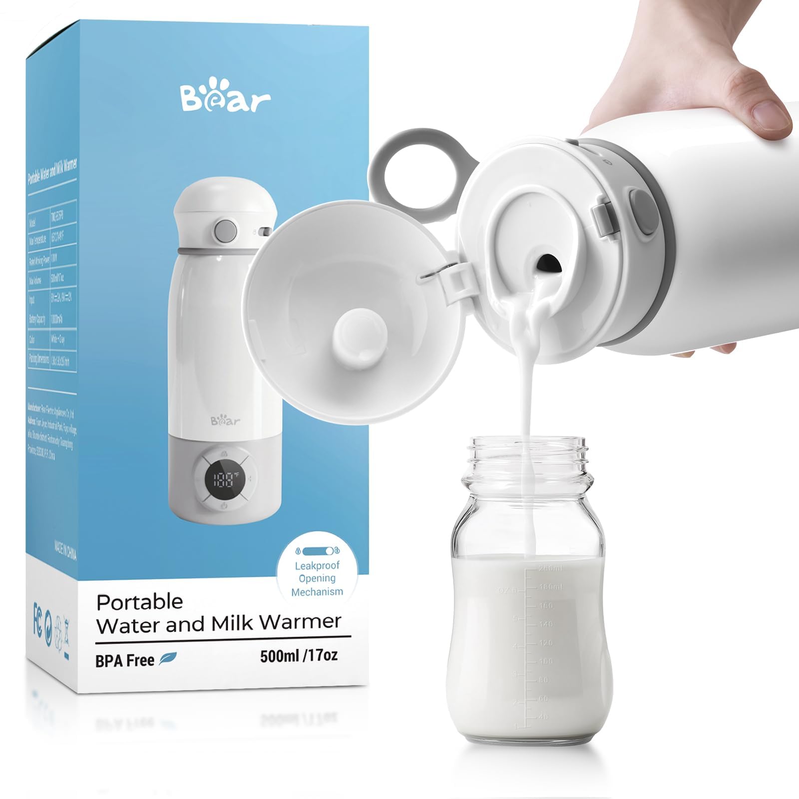Bear Portable Bottle Warmer for Travel, Milk Warmer for Breastmilk Formula, 17oz Large Capacity Water Warmer with Precise Temp C