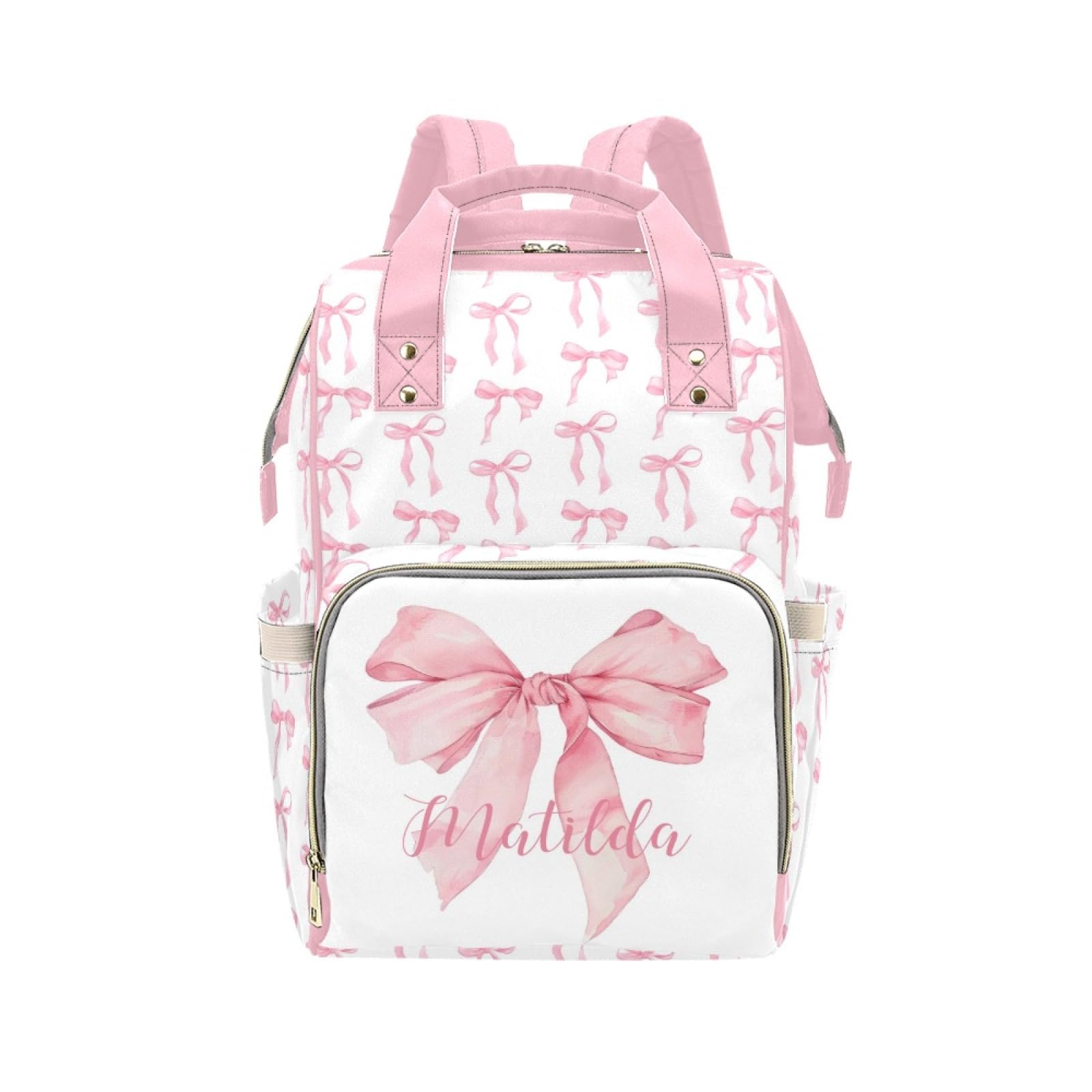 Personalized Diaper Bag Backpack for Women, Custom Name Nursing Mommy Daypack, Pink Bow Diaper Bag for Girls Boys, New Mom Gifts
