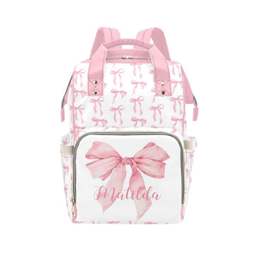 Personalized Diaper Bag Backpack for Women, Custom Name Nursing Mommy Daypack, Pink Bow Diaper Bag for Girls Boys, New Mom Gifts