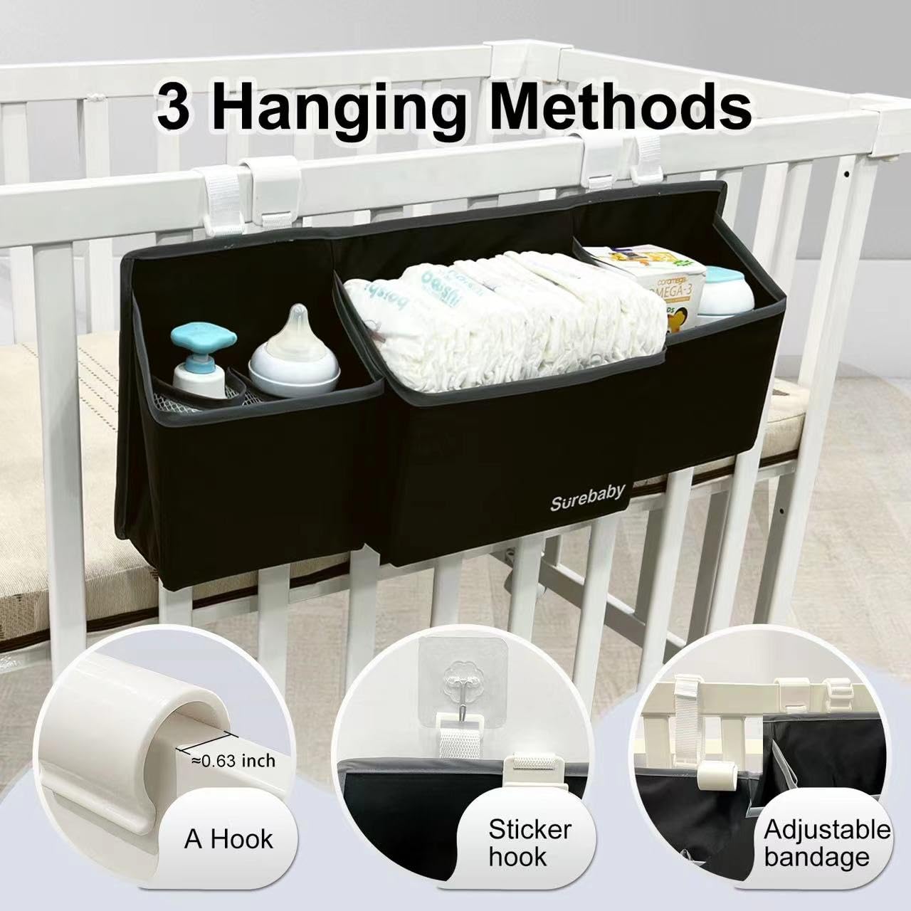 Surebaby Hanging Baby Diaper Caddy, 3-In-1 Diaper Caddy Organizer Holder For Baby Crib, Nursery Organization Diaper Stacker Stor