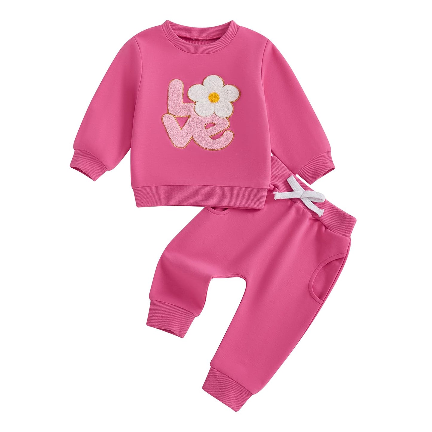 Lagkiyoj Toddler Girl Valentine'S Day Outfits Letter Flower Embroidery Sweatshirt Long Pants 6 12 18 24 Months 2T 3T 4T (Pink Va