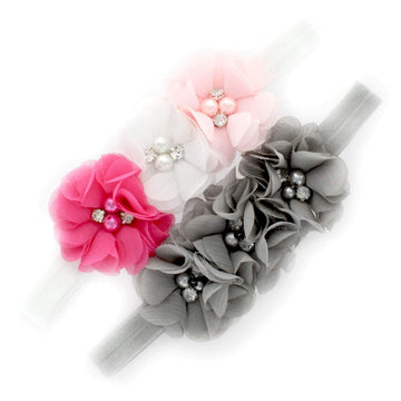 My Lello Baby Flower Headbands Fabric Beaded Trio Stretchy Elastic Pair (White/Light Pink/Hot Pink/Gray)