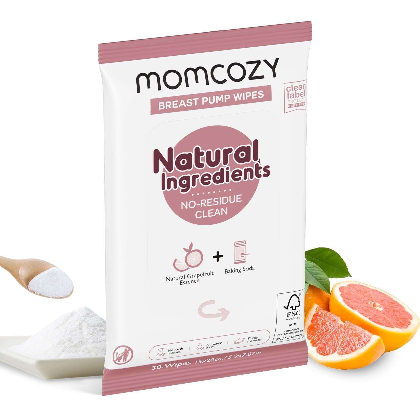 Momcozy Natural Breast Pump Wipes For Parts Cleaning On-The-Go, 30 Count, Flash Clean & Resealable