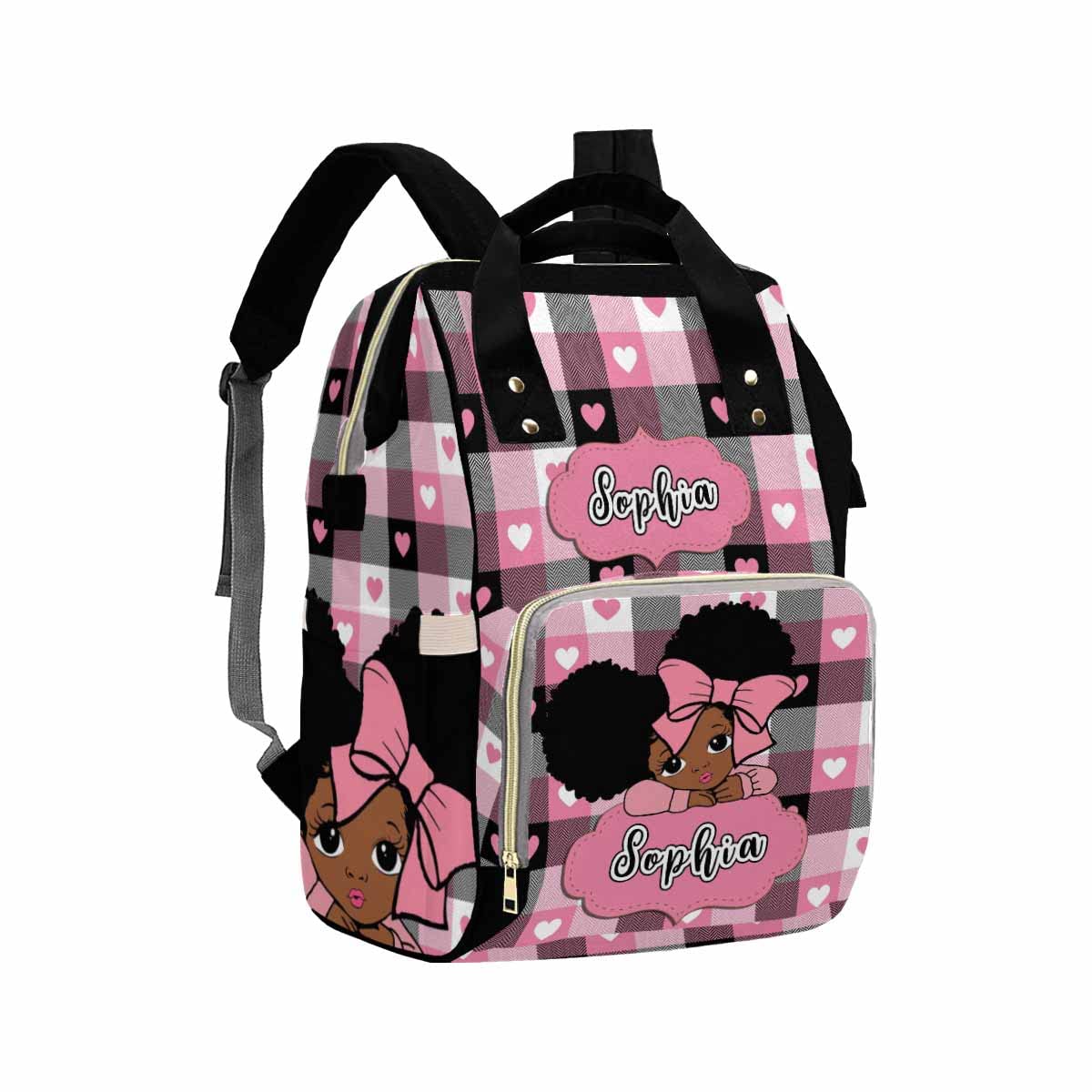 Artsadd Custom Name Baby Diaper Bag From Mom Dad, Personalized Pink Hearts Plaid Baby Backpack With Stroller Straps Large Capaci