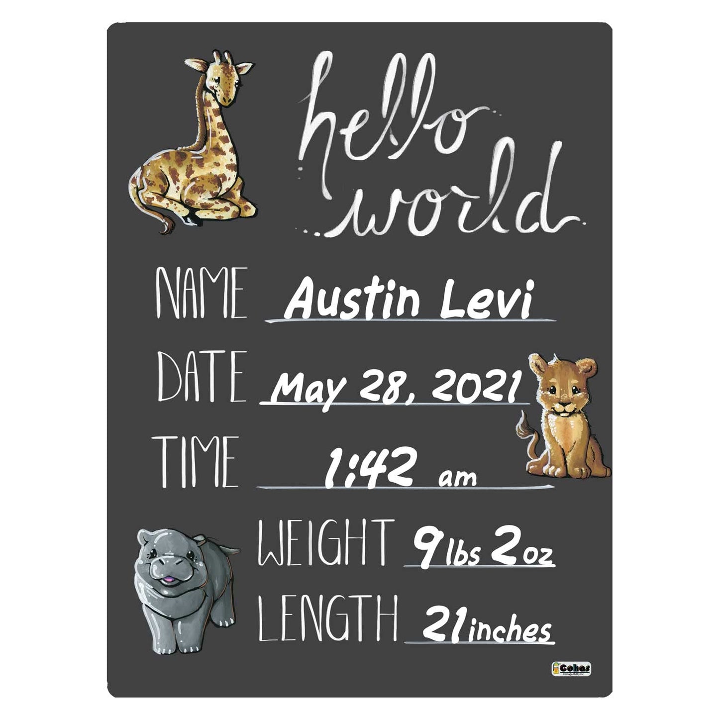 Cohas Hello World Newborn Baby Announcement Chalkboard Sign With Safari Animal Theme, 5 By 7 Inches, White Marker