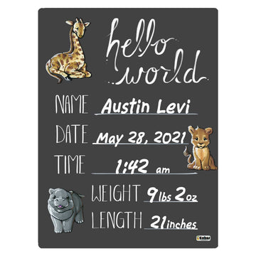 Cohas Hello World Newborn Baby Announcement Chalkboard Sign With Safari Animal Theme, 5 By 7 Inches, White Marker
