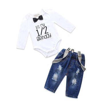 Pinleck Toddler Baby Boy Birthday Clothes Set Bowtie Romper Suspenders Ripped Denim Pants Outfits (Half Birthday-2Long, 12-18 Mo