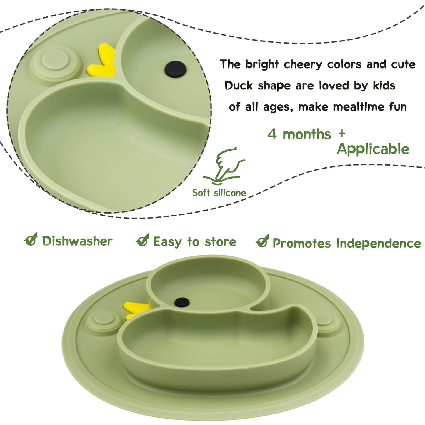 Lightening Corp Baby Plate Silicone Suction Toddler Plates, Divided Dishes For Toddler Kids, Self Feeding, Bpa Free, Microwave A