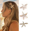 Danyarts 3PCS Starfish Hair Clips with Pearl and Rhinestone, Gold Metal Barrettes, Summer Beach Style, 3 Pack for Women and Girl