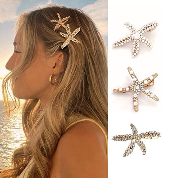 Danyarts 3PCS Starfish Hair Clips with Pearl and Rhinestone, Gold Metal Barrettes, Summer Beach Style, 3 Pack for Women and Girl