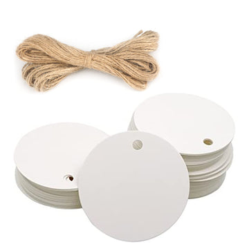 100Pcs Kraft Paper Gift Tag With Jute Twine Round Shaped 55 Cm Blank Hang Tags For Craft Projects, Xmas Gifts (White)