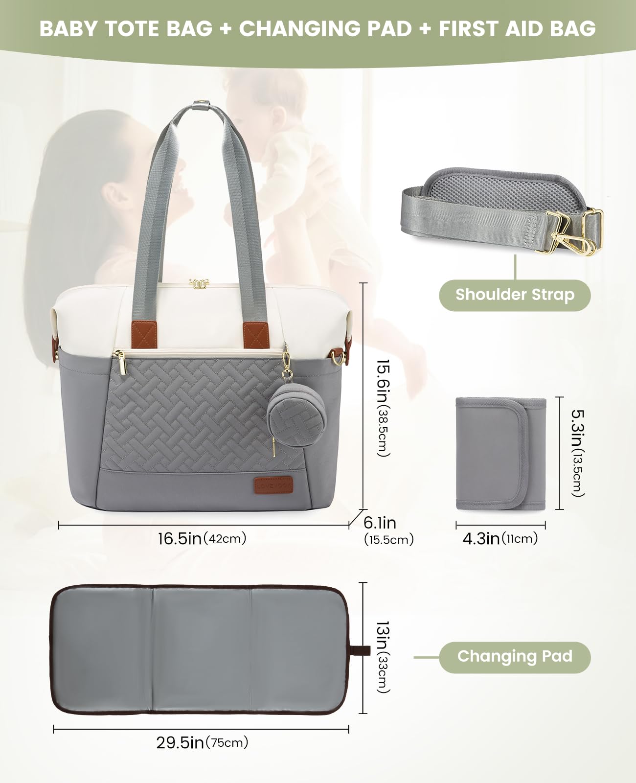 Lovevook Diaper Bag Tote, Large Baby Tote Bag, Travel Diaper Tote For Mom And Dad With Changing Pad And First Aid Bag,Gray/Beige