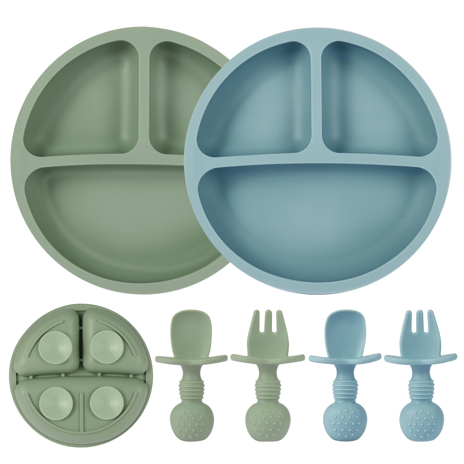 Eascrozn 2 Pack Baby Plates with Suction, 2 Pack Silicone Forks and Spoons Set, Baby Led Weaning Supplies, BPA Free, Toddler Ute