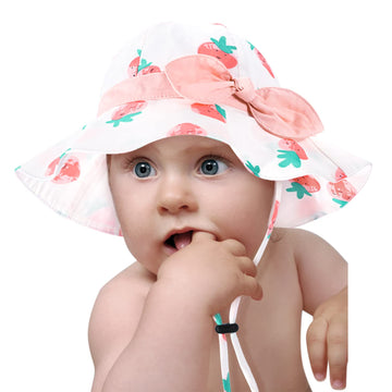 Baby Girl Sun Hat With Upf 50+ Outdoor Adjustable Beach Hat With Wide Brim Bucket Hats (6-12 Months, Strawberry -Pink)