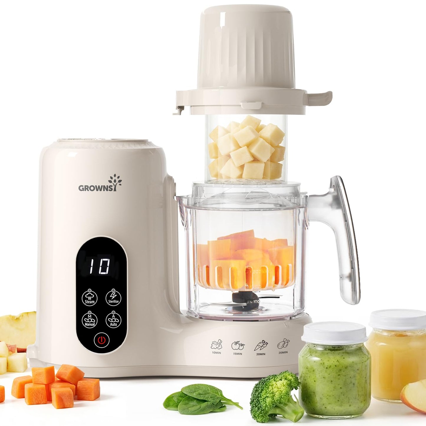 Grownsy Baby Food Maker with Dual-Layer Steam Basket | Baby Food Processor for Starting Solids & Babies 6+ Months | Steamer Blen