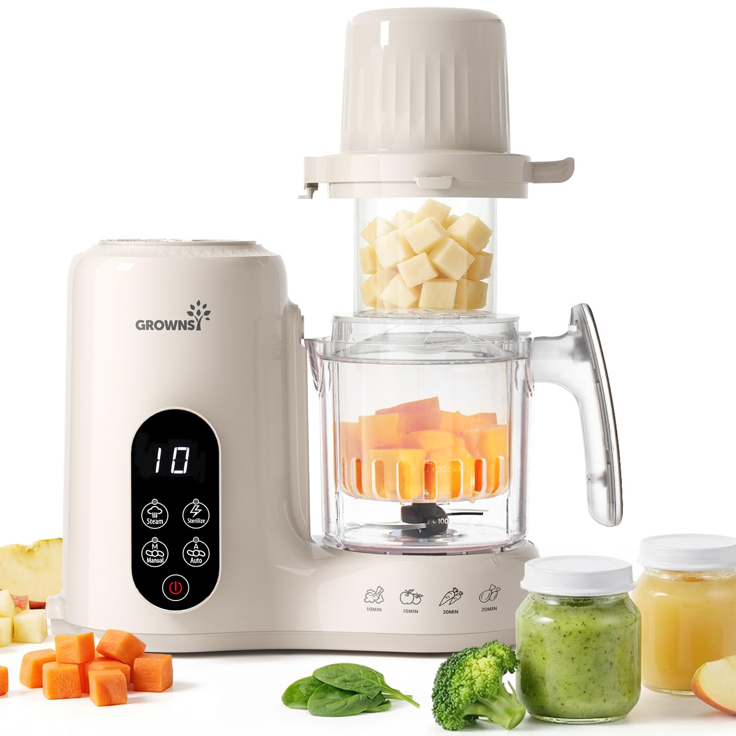 Grownsy Baby Food Maker with Dual-Layer Steam Basket | Baby Food Processor for Starting Solids & Babies 6+ Months | Steamer Blen
