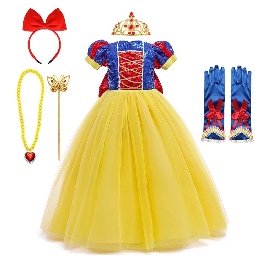 MYRISAM Sequins Snow White Princess Dress Up Costume Girls Halloween Carnival Cosplay Christmas Birthday Party Gown w/Accessorie