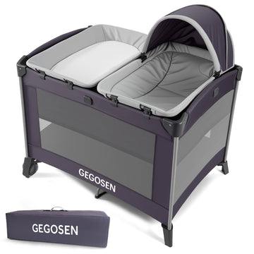 GEGOSEN Portable Baby Playard 4 in 1 Design, Foldable Baby Playpen with Removable Bassinet, Canopy and Changing Table, Infant Pl