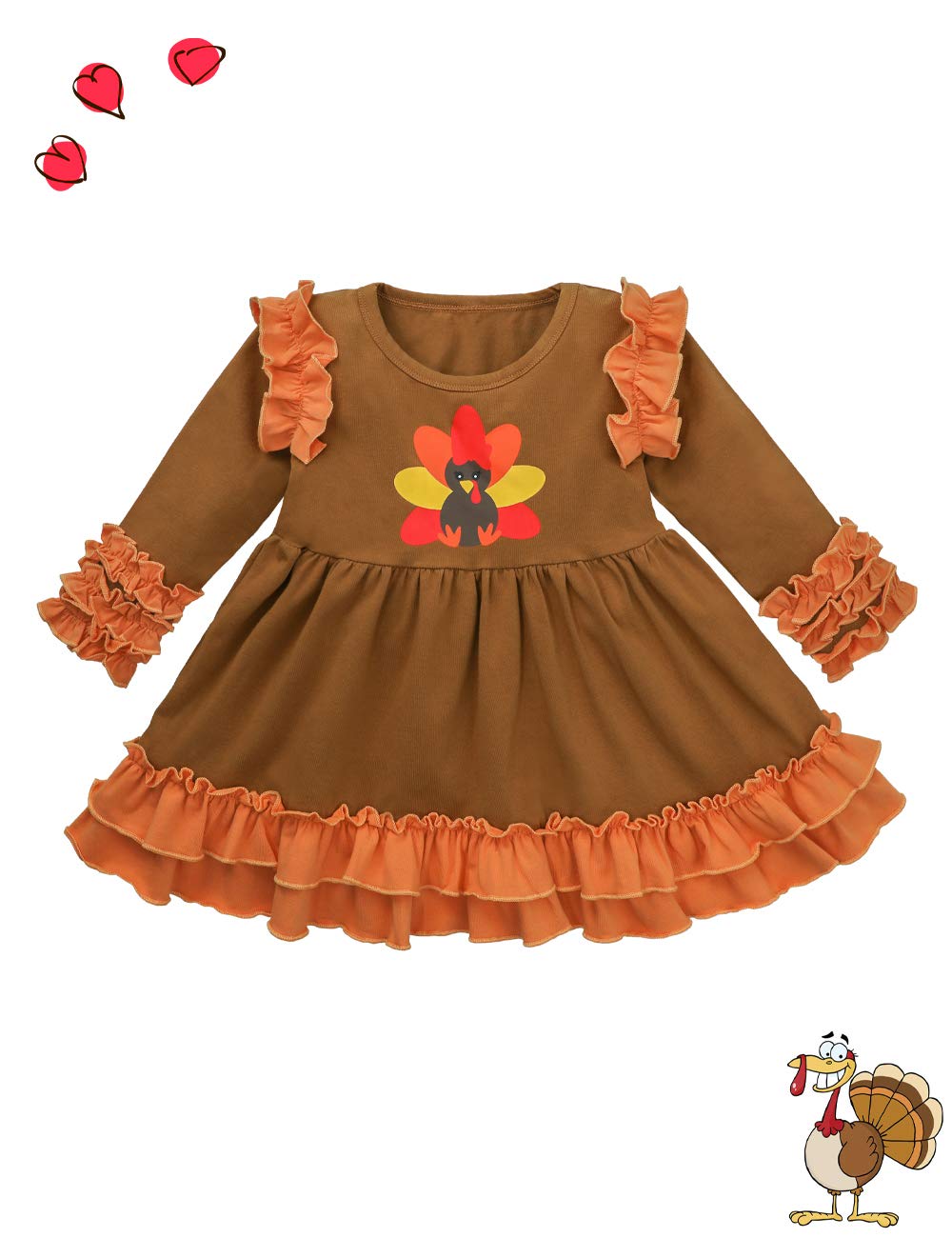 Toddler Thanksgiving Baby Girl Outfit Turkey Tutu Dress + Printing Pants + Headband 3Pc Outfits Set 12-18M Brown