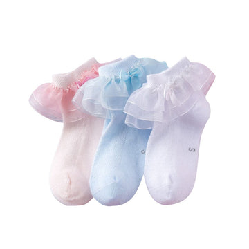 Domii Toddlers Girls Socks With Ruffles Baby Lace Ankle Socks With Bowknot Eyelet Frilly Mesh Socks 3-Pack Blue White And Pink S